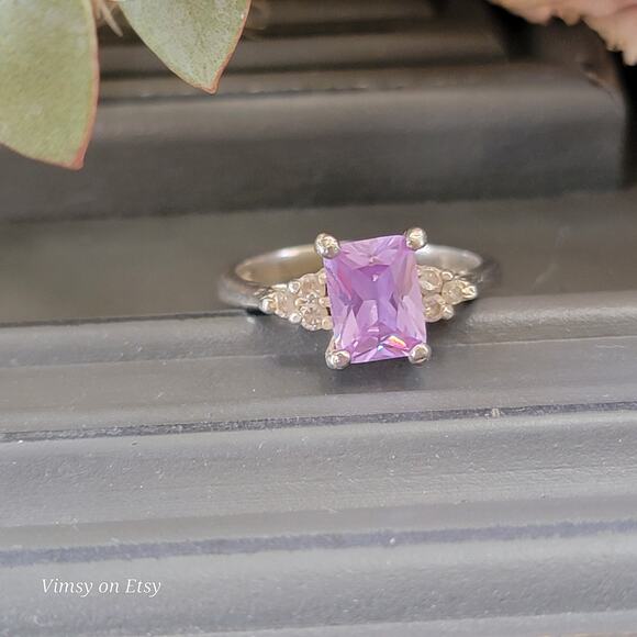 Classic Cut Sterling Silver Amethyst Ring with Crystal Accents, Size 6 1/2 - Picture 6 of 10